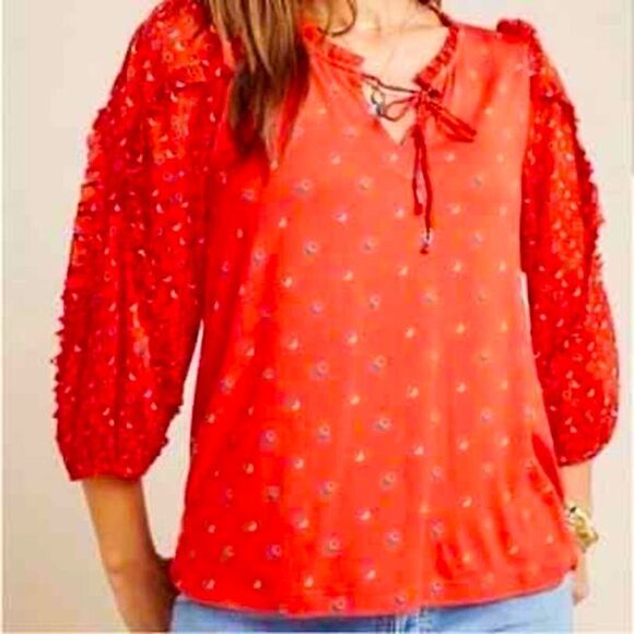 Maeve Jacquin Peasant Blouse Sparkle Ruffle Top Tangerine Size S - Picture 12 of 12